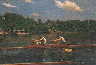 In this painting, horizontal lines include: the boat in which the brothers sit, the line of the boat appearing below them in the picture plane, the horizon line behind them, numerous lines within the architecture along the shore, and the line of the trees above and to the right of their heads. Thomas Eakins, The Biglin Brothers Racing, 1873-74